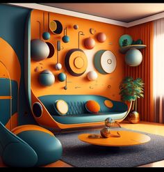 a living room with orange walls and blue furniture