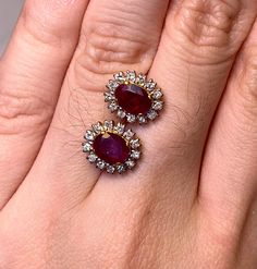 Natural Burmese Ruby and Natural Diamonds Earrings in 18 K Yellow Gold  Weight of Natural Ruby  2 pcs  2.25 ct Weight of Natural Diamonds 26 pcs  0.47 ct Total Weight of Earring 4.79 gm Ruby each of measurements  7.20 x 5.22 mm /  6.91 x 5.49 mm Length and Width of Ruby and Diamond 11.39 x 9.86 mm Gemstone  -  Natural Ruby  Colour  -   Intense Red  Transparency  -  Transparent  Treatments  -  Natural Heated    { No Treated  / No Colour Dye } Clarity  -  Si Hardness  9 Origin of Ruby  Mong Hsu Bu Burmese Ruby, Pretty Jewelry Necklaces, Diamond Necklace Designs, Ruby Earrings, Wedding Jewelry Earrings, Bridal Gold Jewellery, July Birthstone, Natural Ruby, Burmese