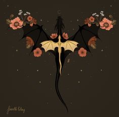 a bat with flowers on it's wings flying through the air and surrounded by stars