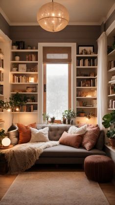 a living room filled with lots of furniture and bookshelves next to a window