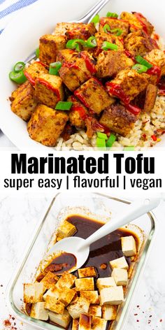 tofu and rice in a bowl with sauce on the side, next to an image of marinated tofu