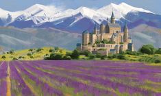 a painting of a castle in the middle of a lavender field with mountains in the background