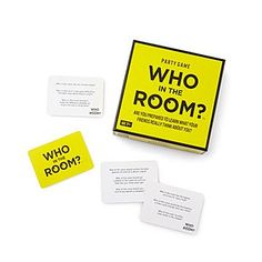 the game who in the room? is shown with four cards and one card holder