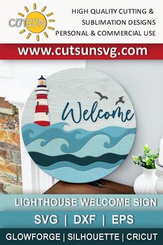 a welcome sign with a lighthouse in the background and text that reads, welcome to our customers