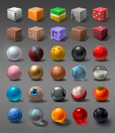 a bunch of different colored balls and cubes