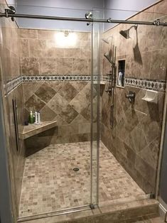 a walk in shower sitting inside of a bathroom