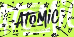 the word atomic written in black and white on a green background with handwritten letters