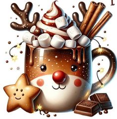 a mug filled with hot chocolate and marshmallows next to some star shaped candies