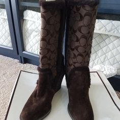 Never Worn Coach Wedge Heeled Boots. Brown Synthetic Wedge Heel Boots, Coach Boots, Wedge Heel Boots, Coach Shoes, Womens Shoes Wedges, Wedge Shoes, Wedge Heels, Heeled Boots, Wedges