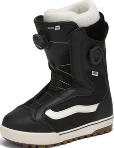 the snowboard boots are black and white