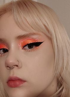 pastel makeup, pink makeup, orange makeup, graphic eyeliner, colorful makeup, white hair Eyeliner Colorful, Makeup Orange, Pastel Makeup, Liner Makeup, Orange Makeup, Graphic Eyeliner, White Makeup