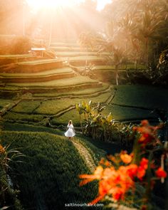 a woman in white dress standing on top of a lush green field