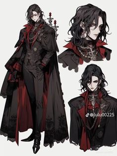 an anime character with long black hair and red cape