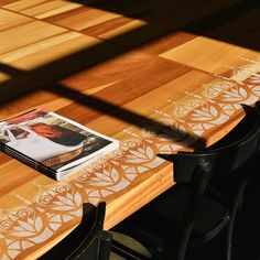 a table with two chairs and a magazine on it