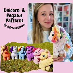 a girl holding a stuffed animal in front of a group of crocheted unicorns