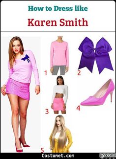 a woman wearing pink and purple clothes with the words how to dress like karren smith