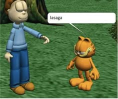 a cartoon character is talking to an animated cat in front of a tree with the caption'lasaga '