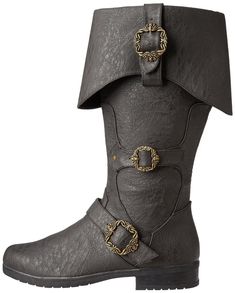 a pair of black boots with gold buckles