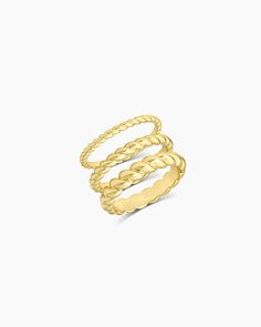 This contemporary Crew Ring Set features three gold plated rings with a twisting design, perfect for creating a stylish, stacked look. Elevate any daytime look with this easy to wear ring set. Crew Ring Set in 18k Gold, Women's Size 6 by gorjana Ring Inspo Jewelry, Cute Gold Rings, Gorjana Rings, Gold Rings Women, Gold Jewelry Rings, Jewlery Rings, Gold Stacking Rings, Earrings Stacking, Delicate Gold Ring