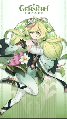 an anime character with long blonde hair and green eyes, holding a flower in her hand