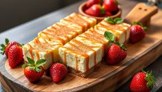 several pieces of cheesecake with strawberries on a wooden platter next to a bowl of strawberries