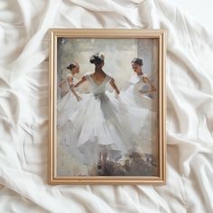 an oil painting of three women in white dresses on a bed covered with white sheets