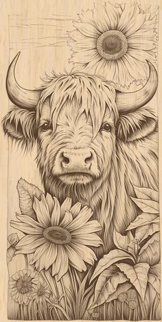 a drawing of a bull with sunflowers