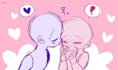 two cartoon characters are kissing each other with hearts floating around the image is pink and blue