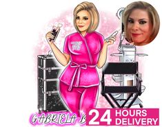 the woman is dressed in pink and holding a hairdryer next to an advertisement for charlotte's 24 hour delivery