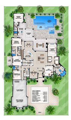 the floor plan for this luxury home shows two pools and an outdoor swimming pool area