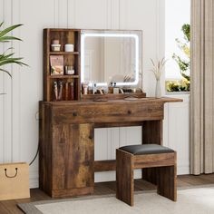 a wooden desk with a mirror and stool