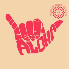 the word aloha written in red on a beige background with a hand holding an object