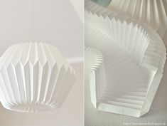 an origami lamp hanging from the ceiling next to a photo of a paper lantern