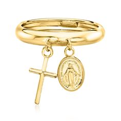 Ross-Simons - Italian 14kt Yellow Gold Religious Charm Ring Size 9. Portray your faith in the most fashionable way possible. This 14kt yellow gold creation from Italy dangles a cross charm and the Miraculous Medal. Polished finish. 1/8" wide. 14kt yellow gold religious charm ring. Italian Ring, Yellow Gold Cross Necklace, Jewelry Presentation, Charm Ring, Gold Cross Necklace, Gold Cross Pendant, Natural Gold, Miraculous Medal, Charm Rings