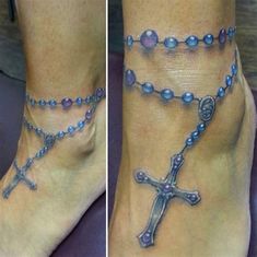 two pictures of the same person's foot with blue beads on them, and one has