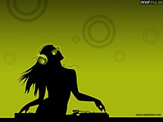 a woman with headphones is djing in front of a green background that has circles