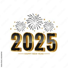 happy new year fireworks with the number 2055 in gold and black on a white background