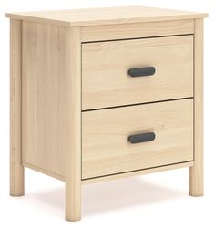 a wooden nightstand with two drawers on one side and an open drawer on the other