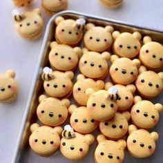 there are many small teddy bears on the cookie sheet