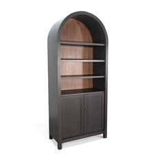 an arched bookcase with two doors on the front and one door open to reveal a shelf