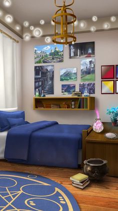 a room with a bed, desk and pictures on the wall above it is shown