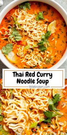 thai red curry noodle soup in a white bowl