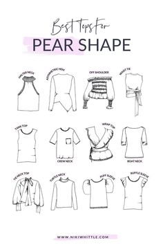 These top styles are the best tops for pear shape body types. Includes fashion tips for dressing a pear shape and pear shape outfits including summer tops for pear shapes, crop top for pear shape, tank top for pear shape, pear shaped outfits, tops for small chest and lots of flattering tops for pear shapes. See the best tops for narrow shoulders and wide hips and tips on how to dress a pear shaped body style Style For Pear Shaped Women Outfits, Professional Outfits Women Pear Shape, Soft Summer Pear Shape, Short Pear Shaped Outfits Style, Pear Shape Leggings Outfits, Blouse For Pear Shape Body Types, Cardigans For Pear Shaped Women, Business Casual Pear Shape Work Outfits, Fashion Outfits Pear Shape