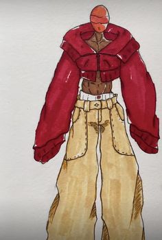 a drawing of a person wearing brown pants and a red jacket