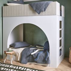 a white bunk bed sitting next to a green wall in a room with zebra rugs on the floor