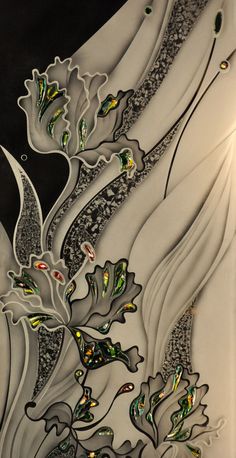 an abstract painting with flowers and leaves on the side of a white wall in front of a black background