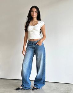 Marine Blue Wash Extra Wide Low Rise Jeans | Roomy – motelrocks-com-us Basic Jeans, Summer Bodycon Dress, Oversized Jeans, Red Jeans, Black Satin Dress, Bandeau Dress, Marine Blue, Black Bodycon Dress, Body Con Skirt