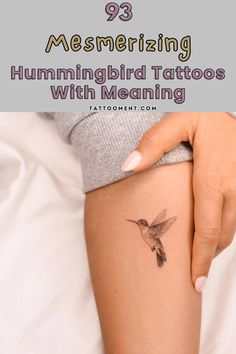 a woman's arm with a hummingbird tattoo on it and the words, mesmerizing hummingbird tattoos with meaning