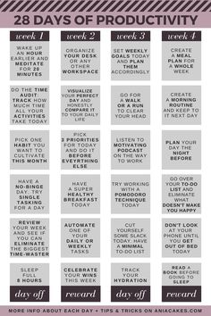 the 28 days of productivity poster is shown in black and white, with text that reads