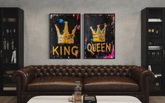 a living room with two couches and paintings on the wall above them that say king and queen